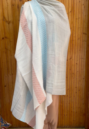 Pink and blue Fish bone design wool shawl